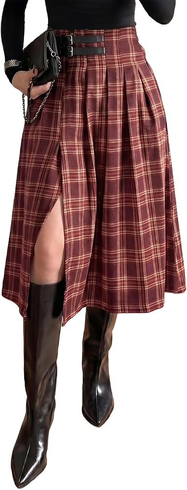 Pink Queen High Waist Side Slit Plaid Skirts for Women Midi Length | Amazon (US)