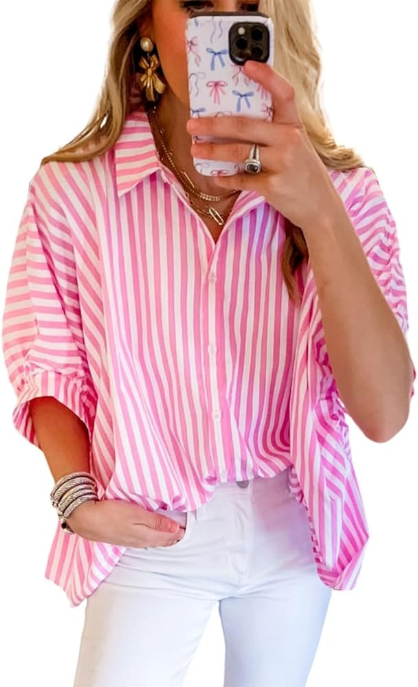 Women 2025 Summer Stripe Dolman Sleeve V Neck Oversize Shirt Tops Casual Button Up Short Sleeve S... | Amazon (US)