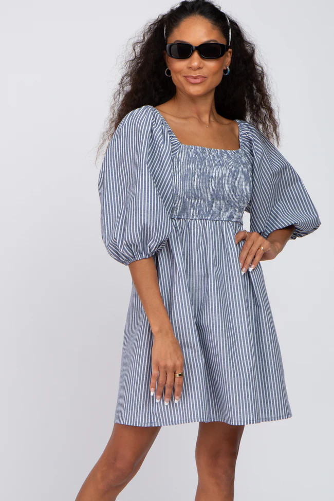 Navy Blue Striped Smocked Puff Sleeve Dress | PinkBlush Maternity