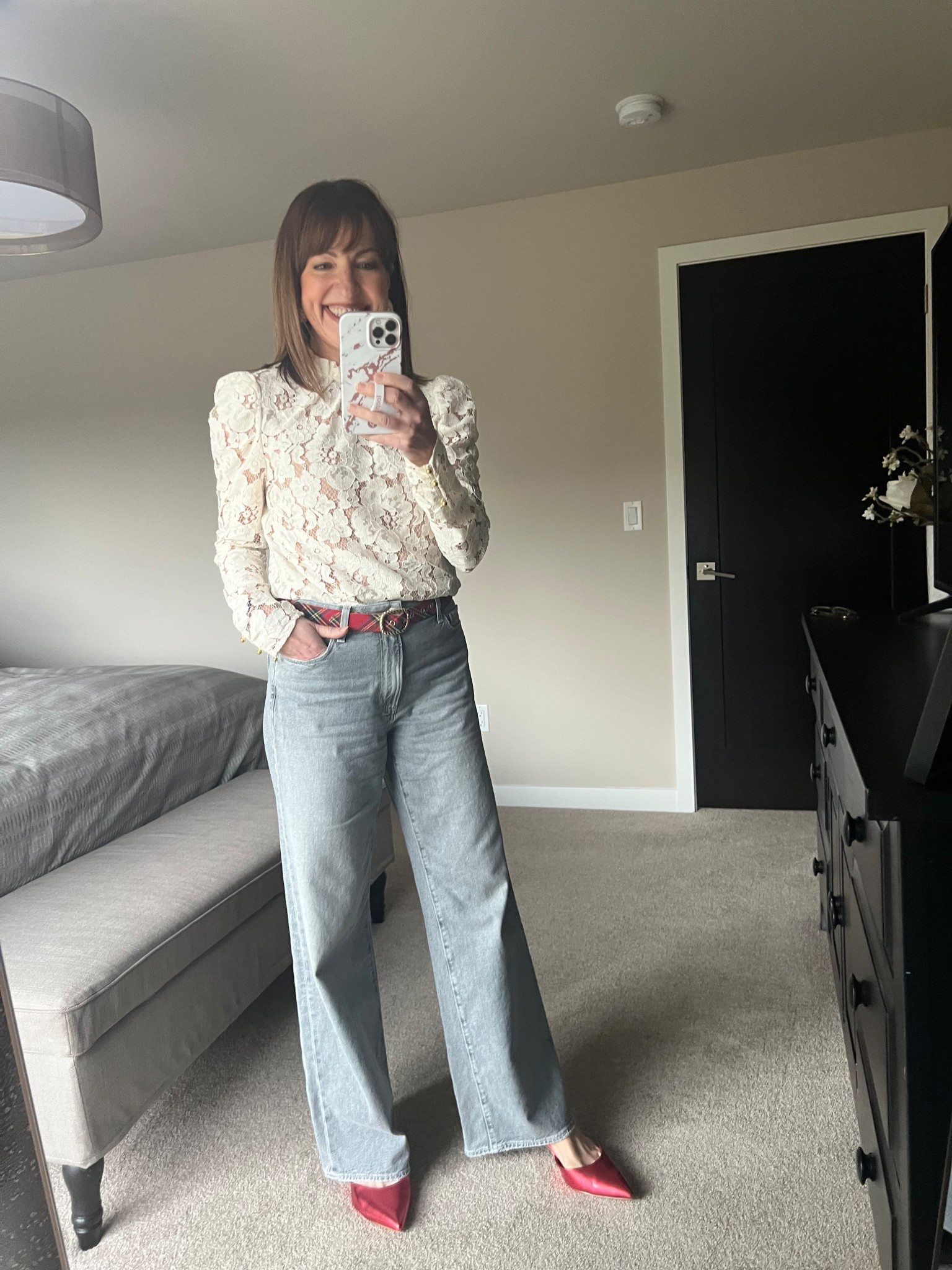 Outfit of the day for church! Wearing my new Paige gray jeans with an older lace top (still available in a few sizes) and a plaid belt and red shoes for a festive touch! 

Wayf lace top, Paige Anessa jeans, gray jeans, red plaid belt, red kitten heel sling backs, church outfit 

#LTKOver40 #LTKootd #LTKHoliday