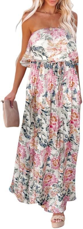 Dokotoo Womens Strapless Dresses Casual Summer High Waist Side Split Flowy Boho Maxi Dress | Amazon (US)