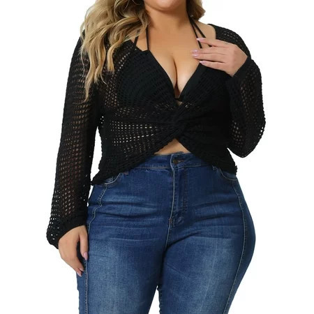 Unique Bargains Women's Plus Size Knitted V-Neck Ruched Cross Hollow Out Long Sleeve Tops 2X Black | Walmart (US)