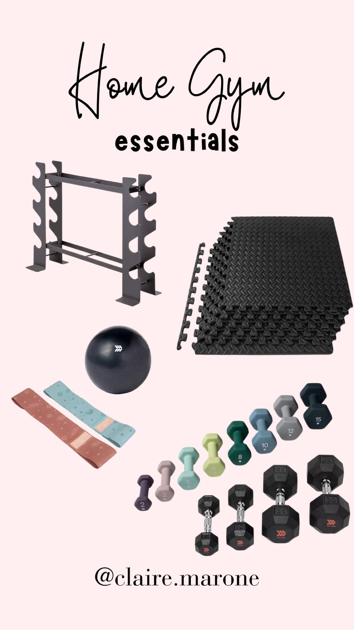 To get started on your health & fitness routine you truly don’t need much! I would recommend 5’s, 8’s and 10’s for dumbbells. We have slowly accumulated more over the past 3 years! We love this gym flooring, super cushiony & builds like a puzzle. The weight rack has been great with keeping things organized  

#LTKfindsunder50 #LTKsalealert #LTKfamily