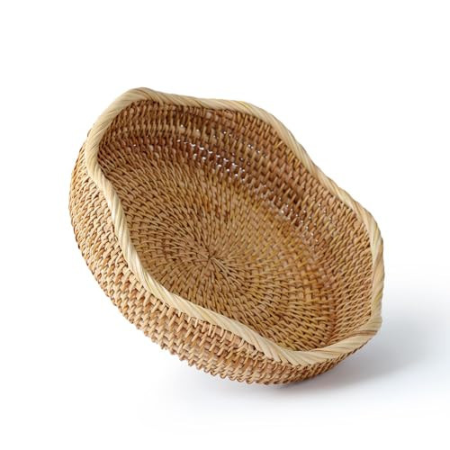 Rattan Bread Basket, Round Fruit Baskets, Scalloped Wicker Storage Bowls, Natural Woven Serving Basket Bowls, Decorative Baskets for Kitchen Counter Organizing, Gift Basket, 1 Pack, S Size | Amazon (US)