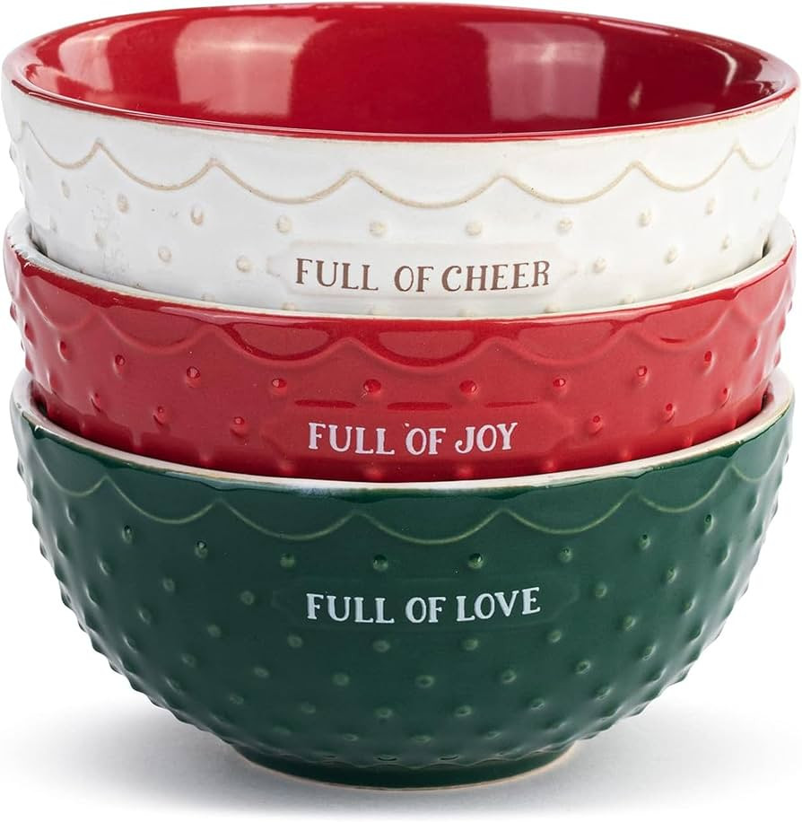 DEMDACO Full Of Cheer Red, Green, and White 7 Ounce Ceramic Christmas Baking Bowls Set of 3 | Amazon (US)