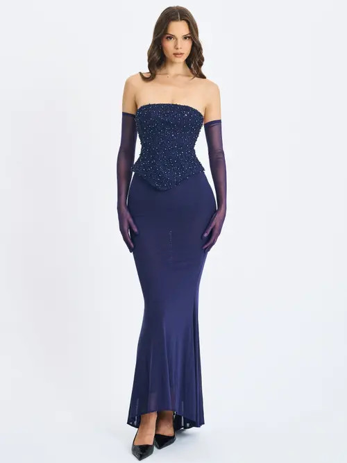Miss Circle Orabelle Beaded Peplum Mermaid Gown with Lace-up Back in Navy Blue at Nordstrom, Size Xx-Small | Nordstrom