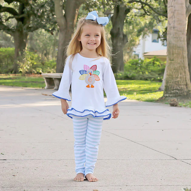 Light Blue Stripe Turkey Applique Milly Pant Set | Classic Whimsy