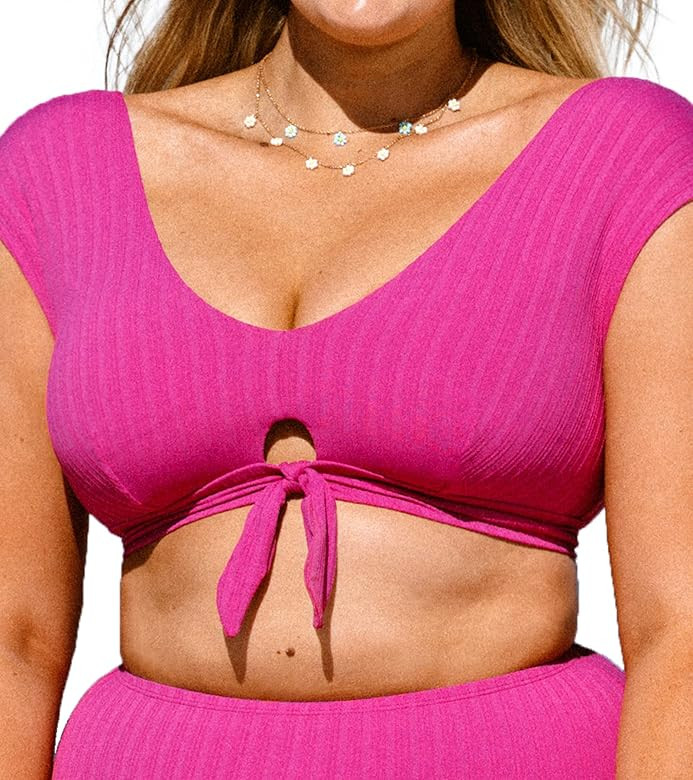 CUPSHE Women Plus Size Bikini Top Tank Bunny Tie Cut Out Back Tie Cap Sleeve Bathing Suit No Bott... | Amazon (US)
