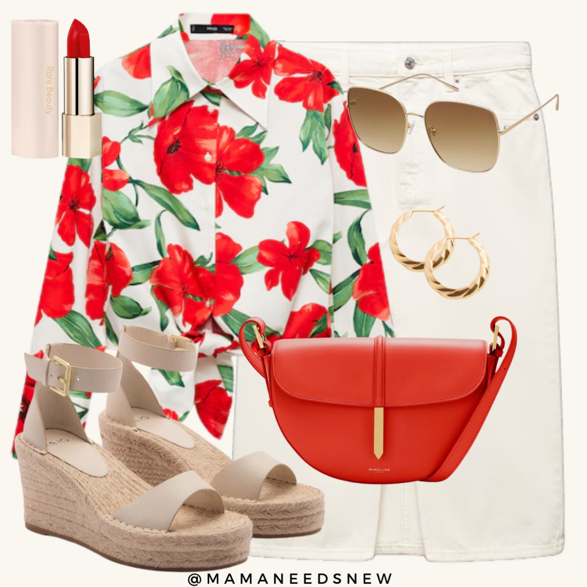 A summer outfit featuring floral print tie front blouse, denim midi skirt, wedge sandals and a red bag currently on sale ❤️

#LTKSaleAlert #LTKItBag #LTKSummerSales