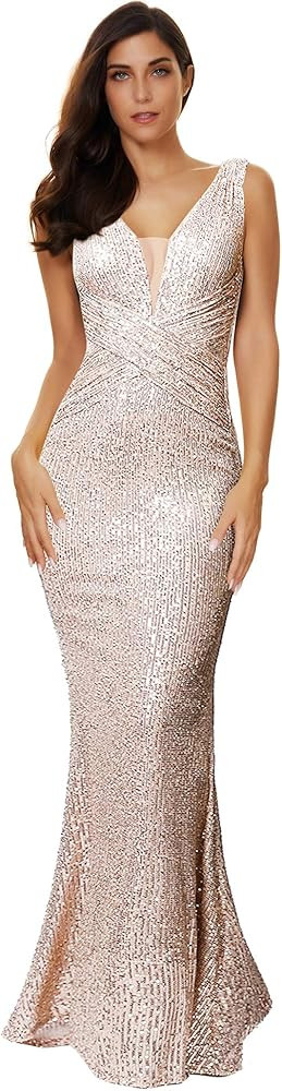 Women's Sequins Glitter Mesh Sleeveless Evening Maxi Mermaid Prom Dress | Amazon (US)