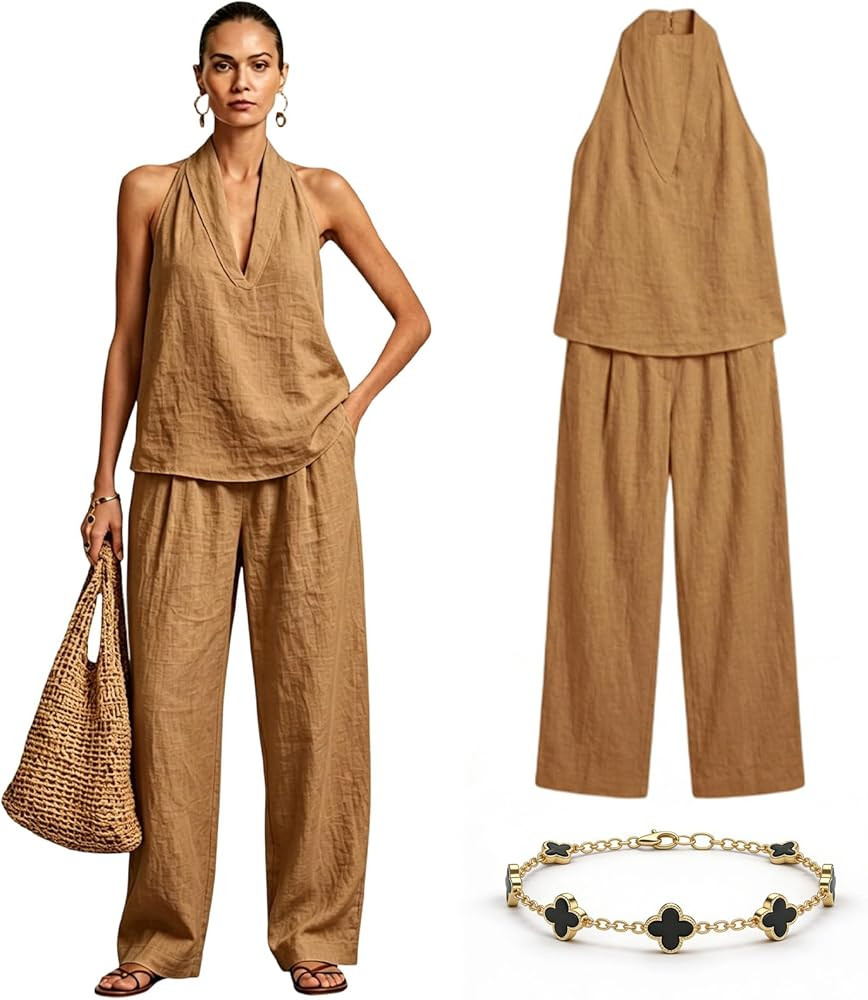 Women's Casual and Cozy Minimalist Linen Two-piece Set V-Neck Sleeveless Top and High Waisted Wid... | Amazon (US)