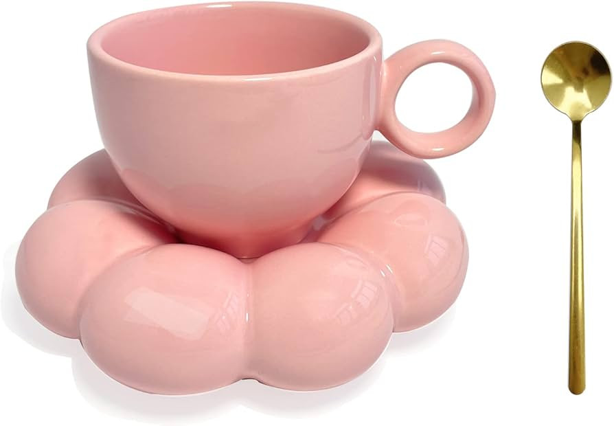 Maygone Pink Ceramic Coffee Cup with Matching Saucer Set Flower Plate Spoon Set Coffee Tea Milk f... | Amazon (DE)