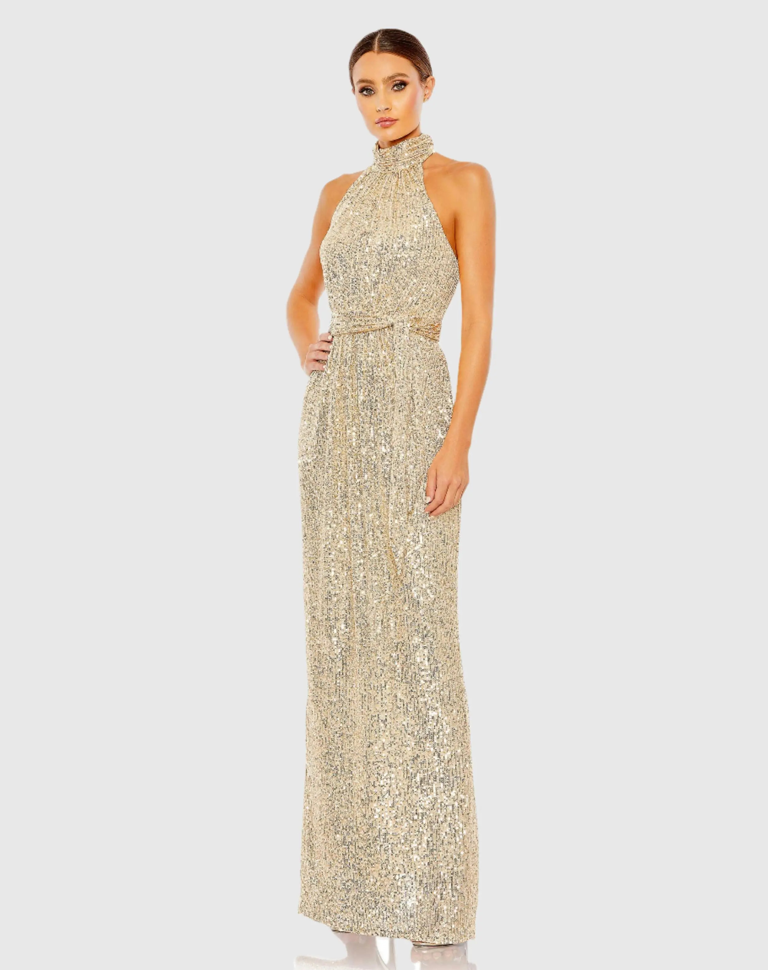 Gold Sequin Halter Neck Column Gown with Tie Belt | Mac Duggal | Mac Duggal