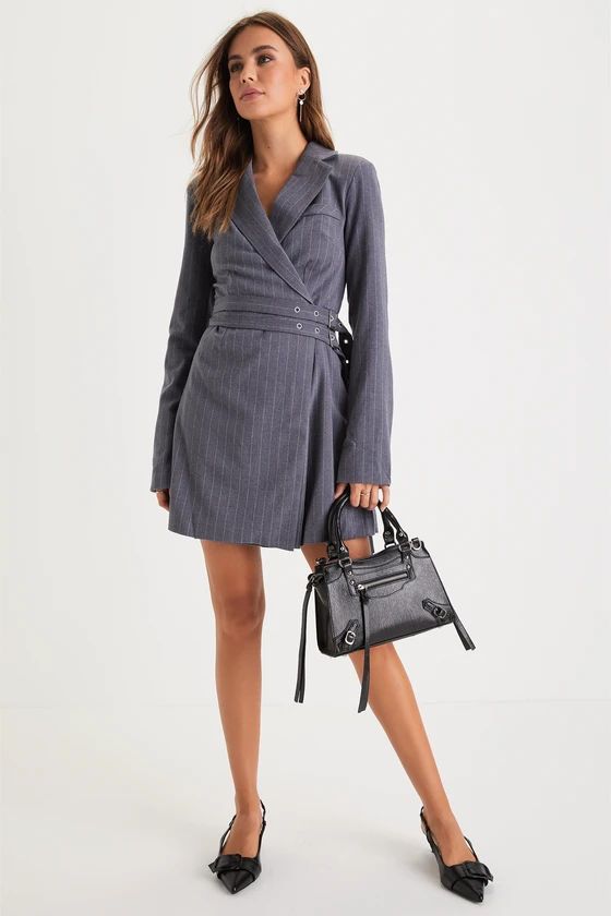 Odette Grey Pinstripe Long Sleeve Belted Blazer Mini Dress | Lulus (US)