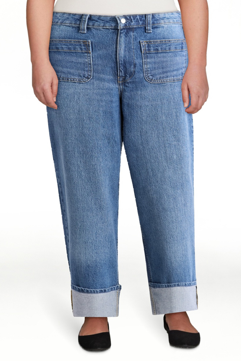 Free Assembly Pantalones de Mezclilla para Mujer de Tiro Alto con Pu\u00f1os y Bolsillos de Parch... | Walmart (US)