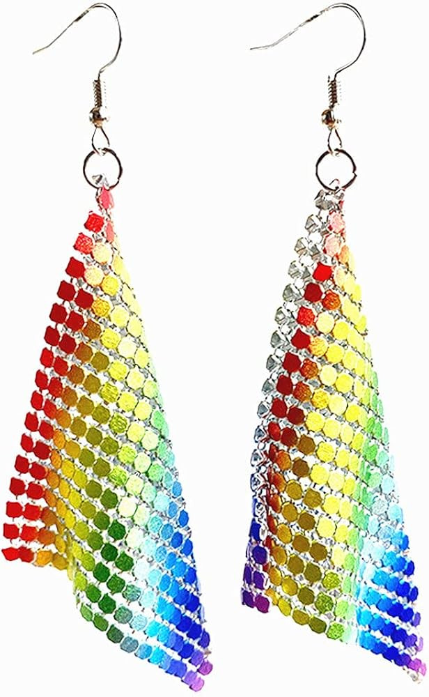 Pingyongchang Rainbow Sequin Dangle Earrings Mesh Grid Tassel Drop Earrings Colorful Sequin Geome... | Amazon (US)