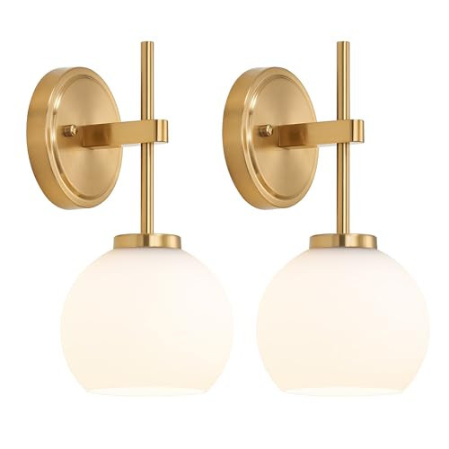 Gold Battery Operated Wall Sconce Set of 2, Wireless Rechargeable Sconces Wall Lighting with Remote Control, LED Dimmable Wall Lights with Opal White Glass Shade, 12 Colors RGB & 3 CCT Bulb | Amazon (US)