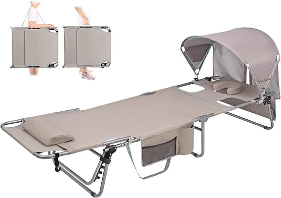 Tanning Chair with Sun Canopy Face Hole, Heavy Duty Folding Chaise Lounge Chair 5 Position Reclin... | Amazon (US)