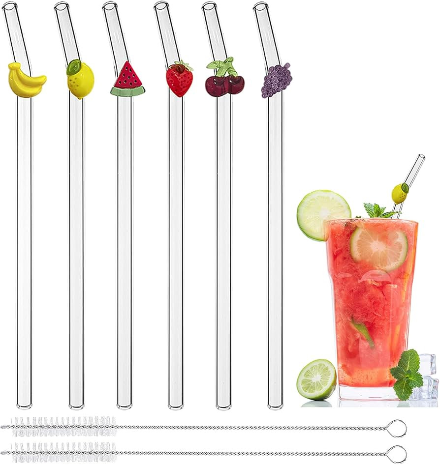 8 Pack Reusable Glass Straws Set, 7.9''x8MM Bent Glass Drinking Straws, 6 Cute Fruits Straws with... | Amazon (US)