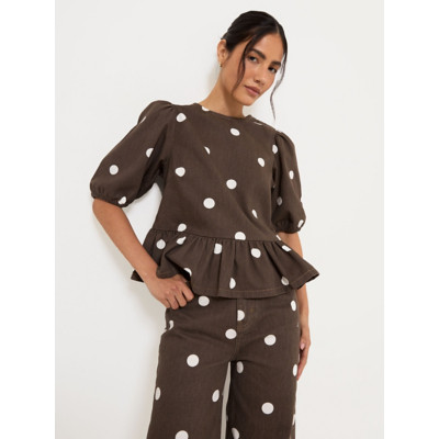 George Brown Polka Dot Peplum Denim Blouse - Chocolate Brown | George