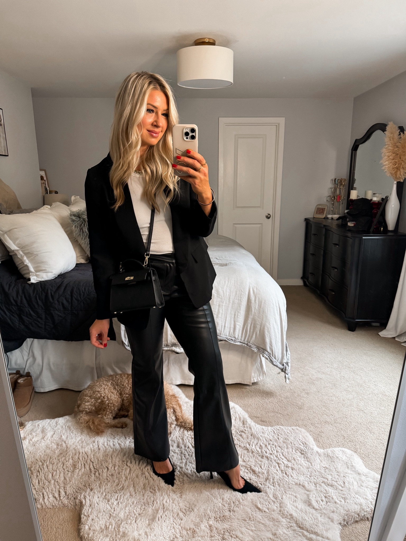 Christmas outfit idea 
Blazer fits tts 
Amazon bag 
Faux leather pants under $100 
Heels that are actually comfortable 

#LTKstyletip #LTKfindsunder50 #LTKHoliday