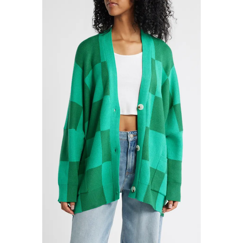 Dressed in Lala Love You Checkerboard Oversize Cardigan in Green at Nordstrom, Size Large | Nordstrom