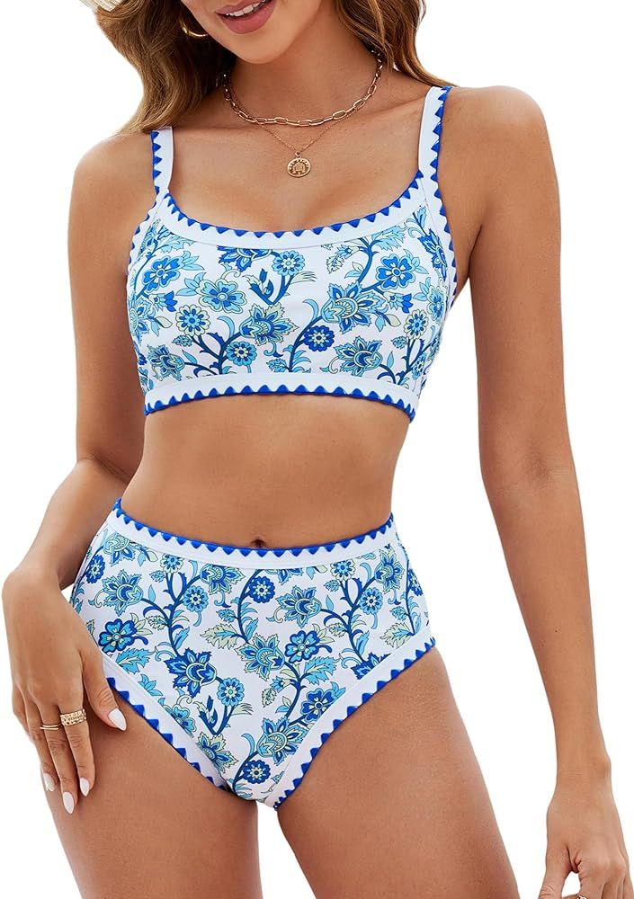 MELYUM High Waisted Bikini Sets for Women 2 Piece Tummy Control Swimsuit Floral Full Coverage Bat... | Amazon (US)