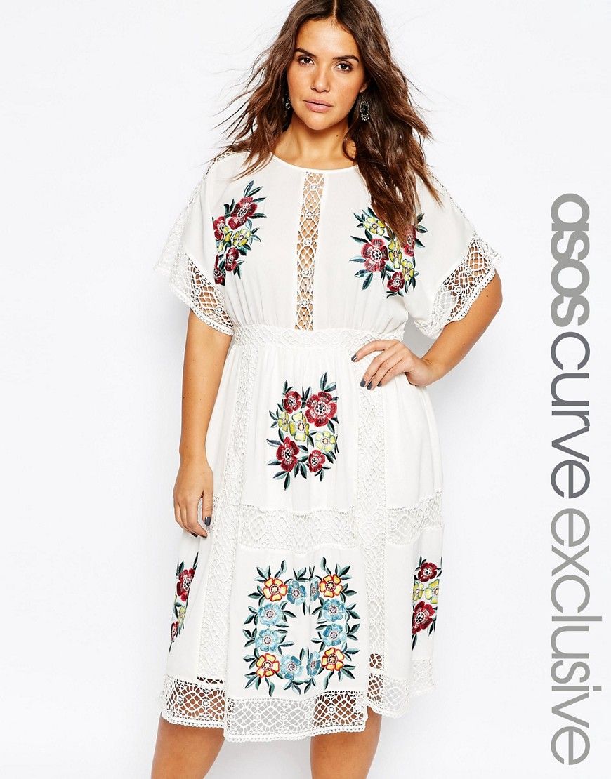 ASOS CURVE Midi Dress With Patch Floral Embroidery And Crochet Lace | ASOS US