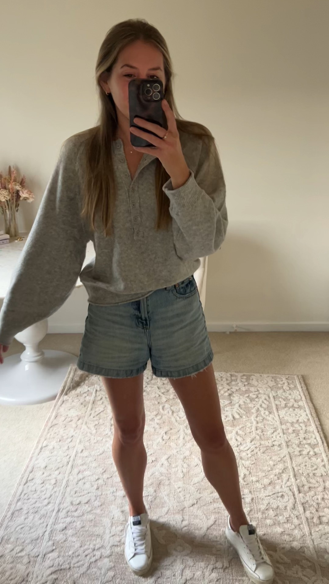 The super soft Henley from aerie on sale (under $35) love all the details, wearing a size small. Paired with denim shorts and sneakers 