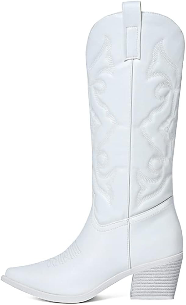 Mattiventon Cowgirl Mid Calf Boots for Women Chunky Mid Heel Western Cowboy Pointed Toe Boots | Amazon (US)