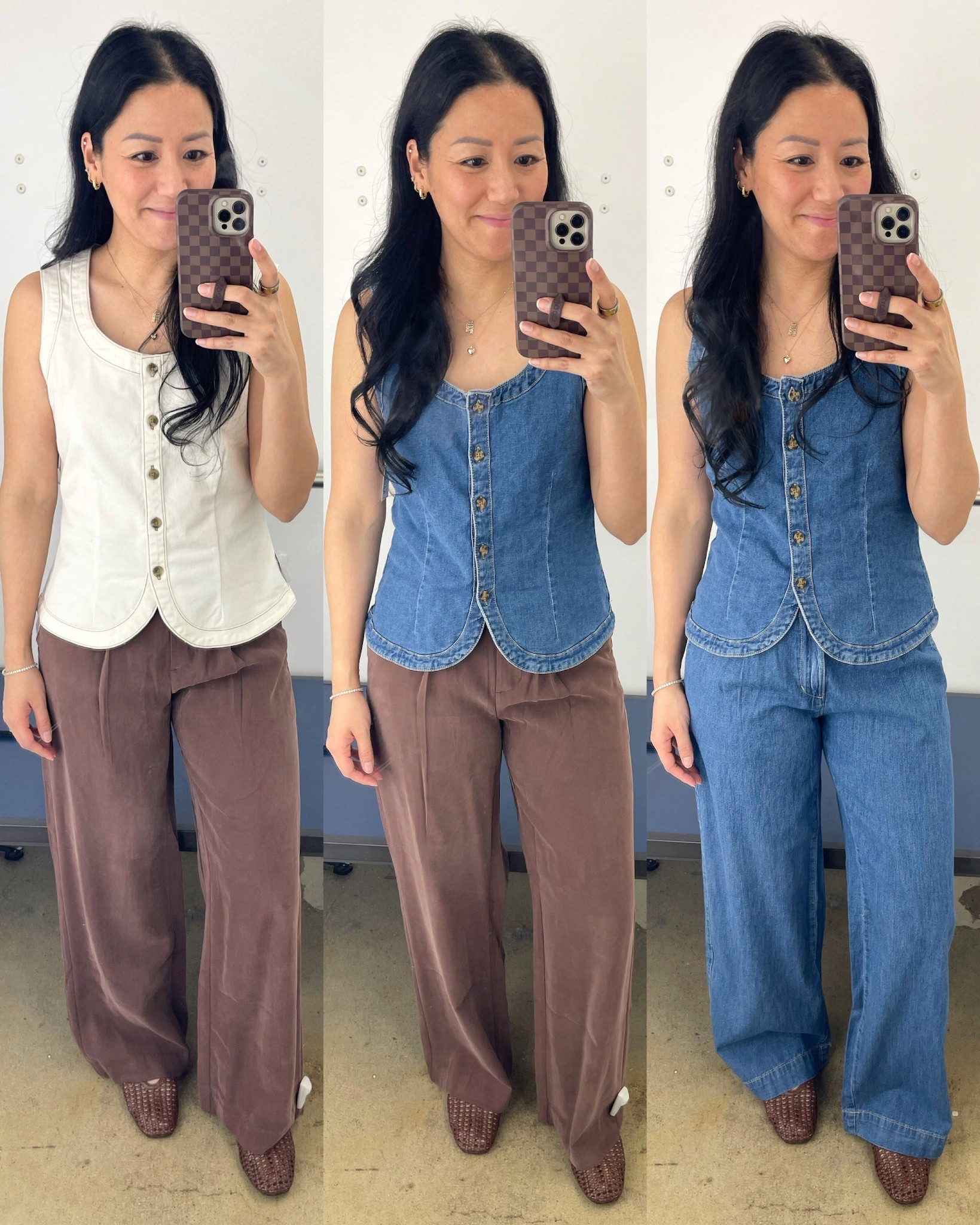 Size small cream top (need XS bc the arm holes were too big)
Size small denim top (same size as the cream vest but fit better in the arm area)
Size 2 brown pants (these have an adjustable waist); I also tried size 0 and that fit me in the waist but the rise felt a tad short so I prefer the 2.
Size 0 denim pants (has adjustable waist); although these are the same pans as the brown the rise felt better in this pair and not too short in the size down.

Sized down 1/2 in flats 



#LTKOver40 #LTKSaleAlert #LTKSeasonal