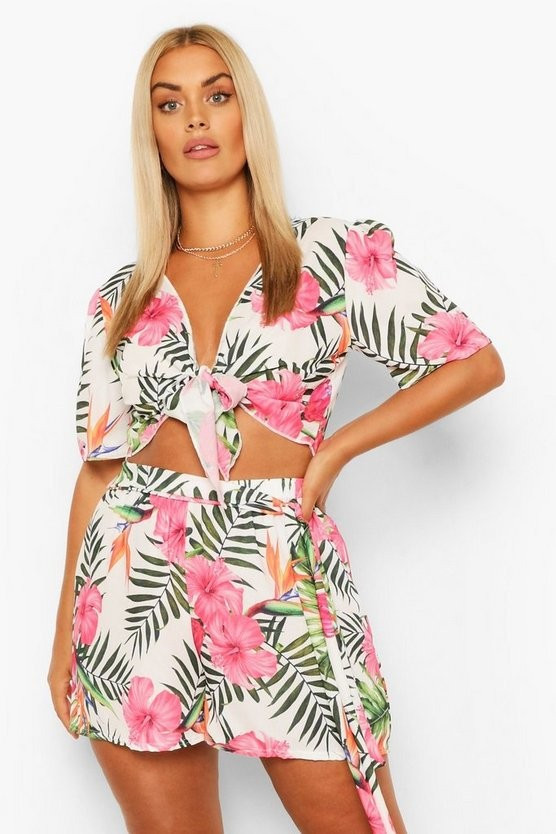 Plus Tropical Tie Front Beach Co ord | Boohoo.com (UK & IE)