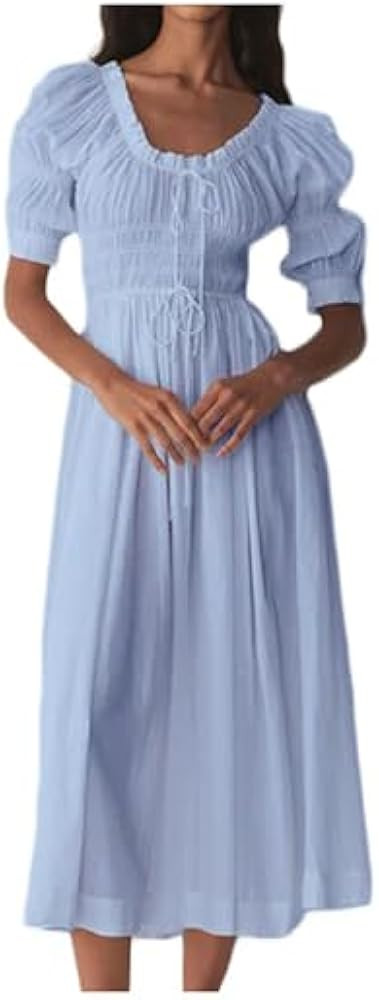 Womens Summer Casual Cotton Puff Half Sleeve Midi Dress Ruffle Smocked Flowy Long Dress for Boho ... | Amazon (US)