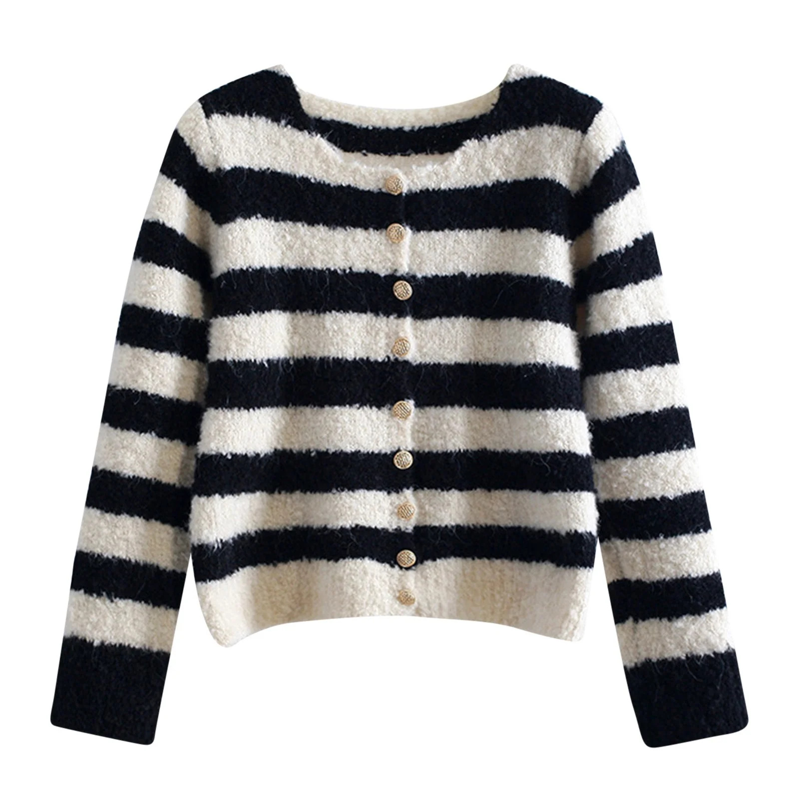 Jaycosin Women's White Black Striped Short Cardigan Sweater, Crewneck Button Up Knit Wool Sweater... | Walmart (US)