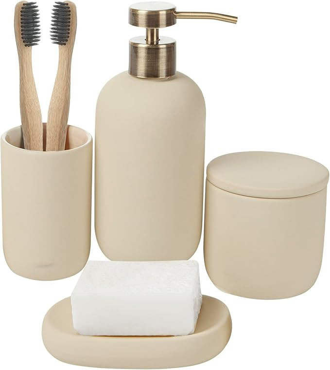 Ceramic Bathroom Accessory Set 4 Pcs - Modern Neutral Bathroom Decor - Soap Dispenser Toothbrush ... | Amazon (US)