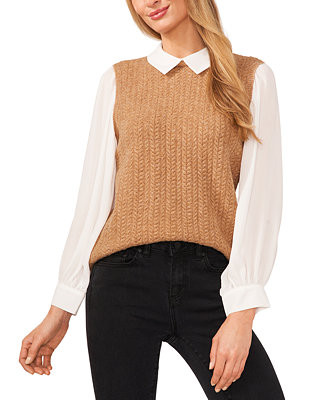 CeCe Women's Sweater-Vest Blouson-Sleeve Collared Blouse  - Macy's | Macy's