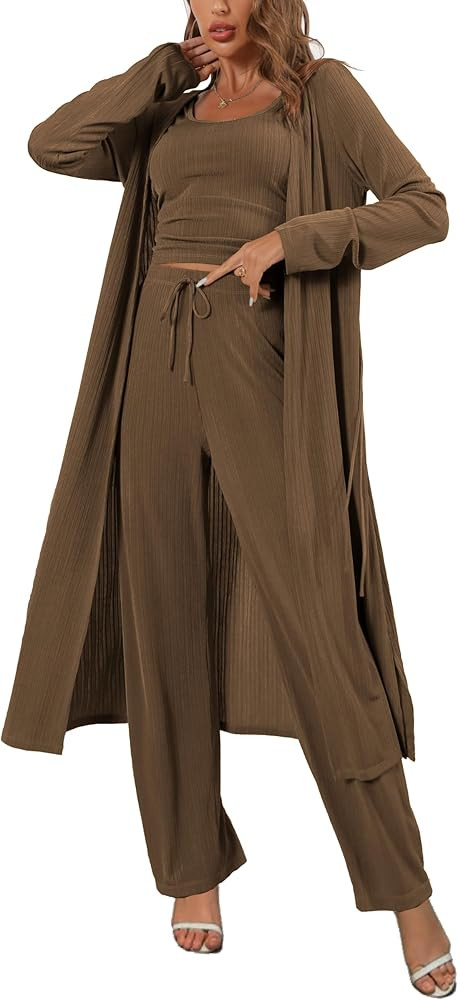 Mushan Women's 3 Piece Lounge Set Open Front Cardigan Pajamas Set | Amazon (US)
