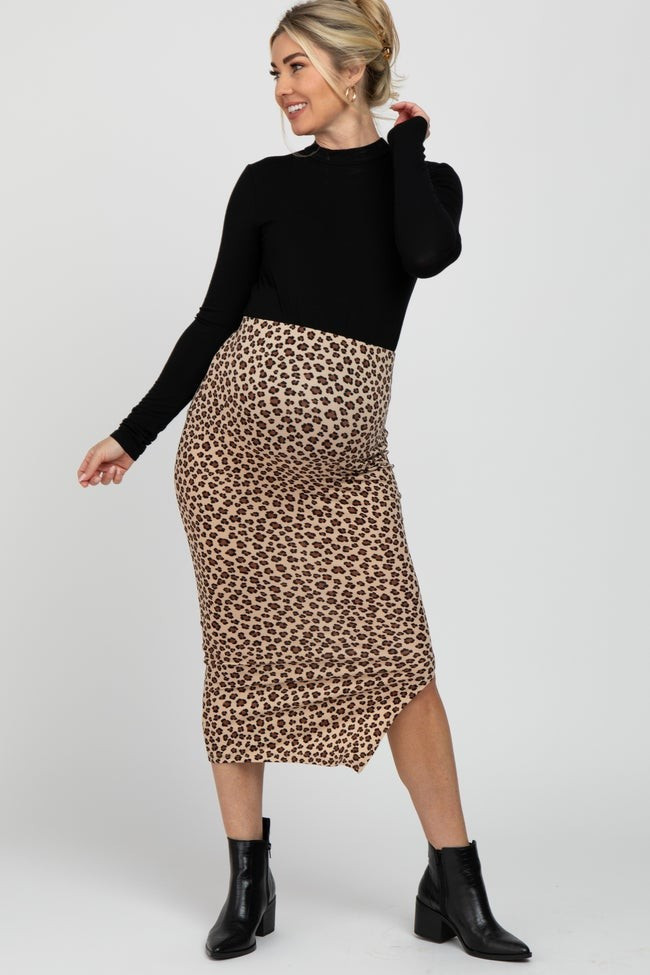 Brown Animal Print Fitted Maternity Midi Skirt | PinkBlush Maternity