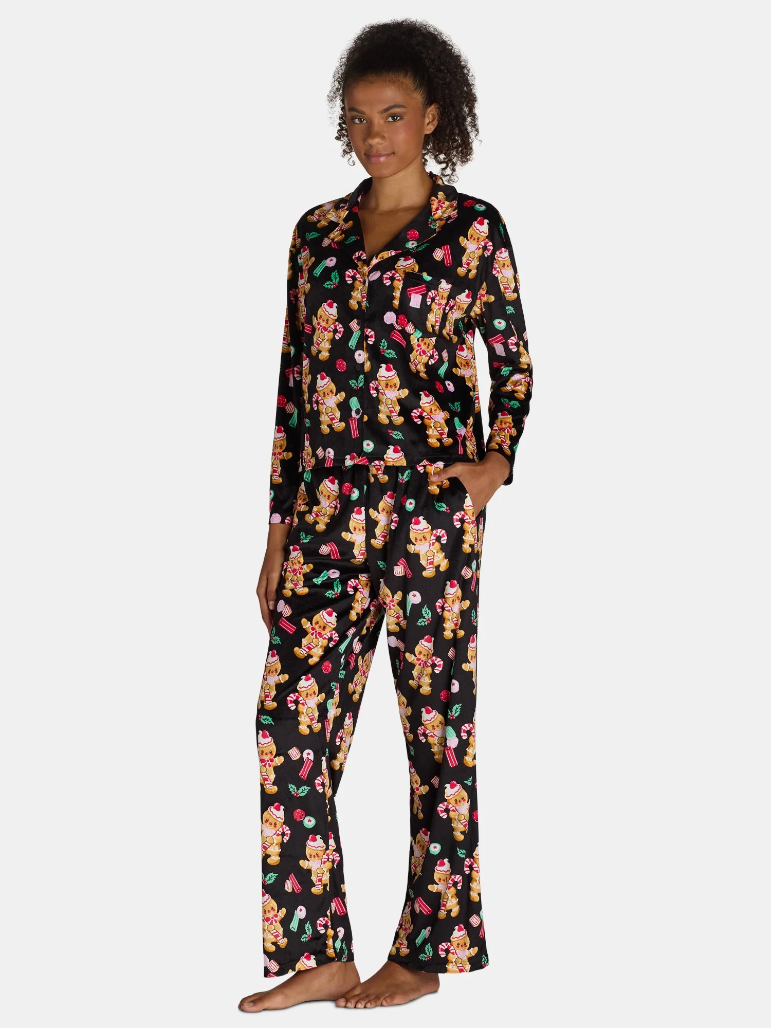 Holiday Time Women’s and Women’s Plus Velour Notch Collar Pajama Top and Pants Set, 2-Piece, ... | Walmart (US)