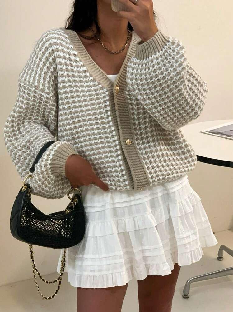 INAWLY Women's Plaid Print Front Button V-Neck Long Sleeve Cardigan | SHEIN