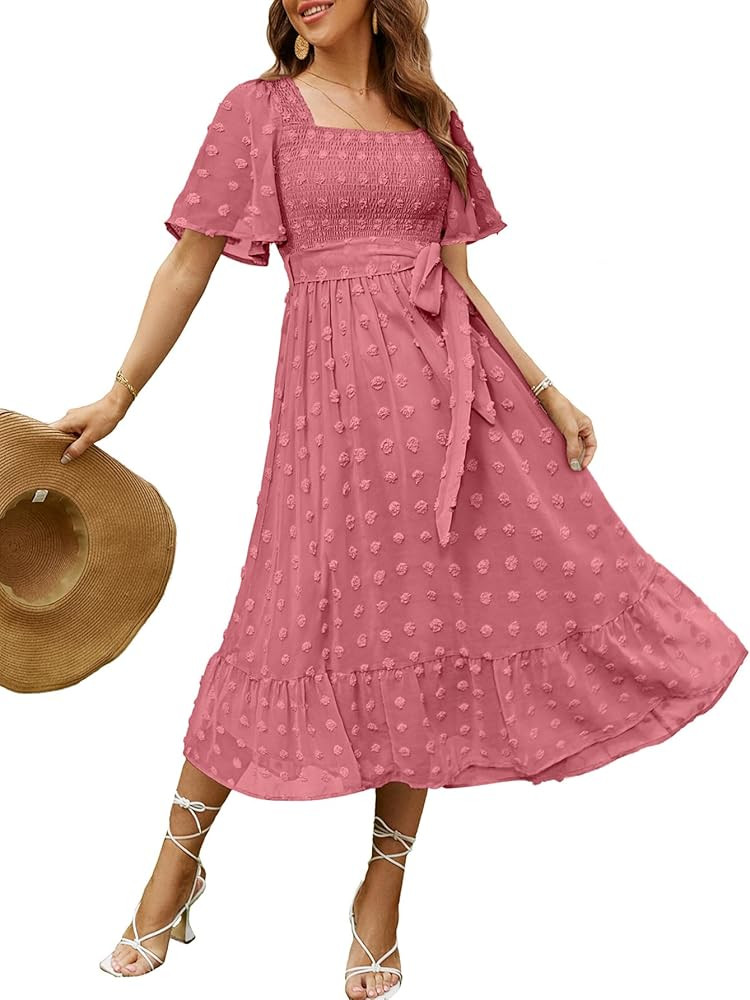 Amegoya Women's Boho Flowy Long Sleeve Square Neck Floral Midi Dress Smocked Spring Fall Wedding ... | Amazon (US)