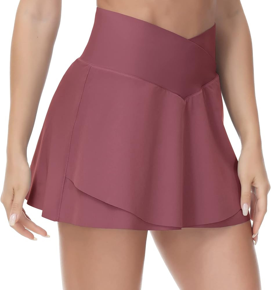 Women's Cross Waist Tennis Skirts with Cutting Hem Athletic Golf Skorts with Inner Mesh Pockets Shor | Amazon (US)