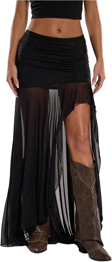 Verdusa Women's Western Sheer Mesh Pleated Maxi Skirt Split Thigh Asymmetrical Bodycon Long Skirt... | Amazon (US)