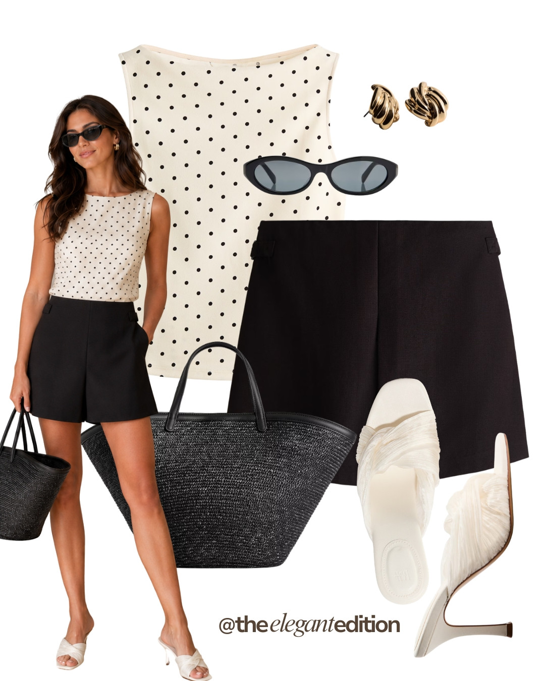 POLKA DOT LOOK 🤍🖤 — Cream polka dot top, black tailored shorts, black straw tote and cream kitten heel mules. Classic summer elegance with a playful twist.
#summeroutfit #oldmoney #quietluxury #LTKsummer #LTKstyletip 

 #LTKeurope #LTKsummer #LTKstyletip