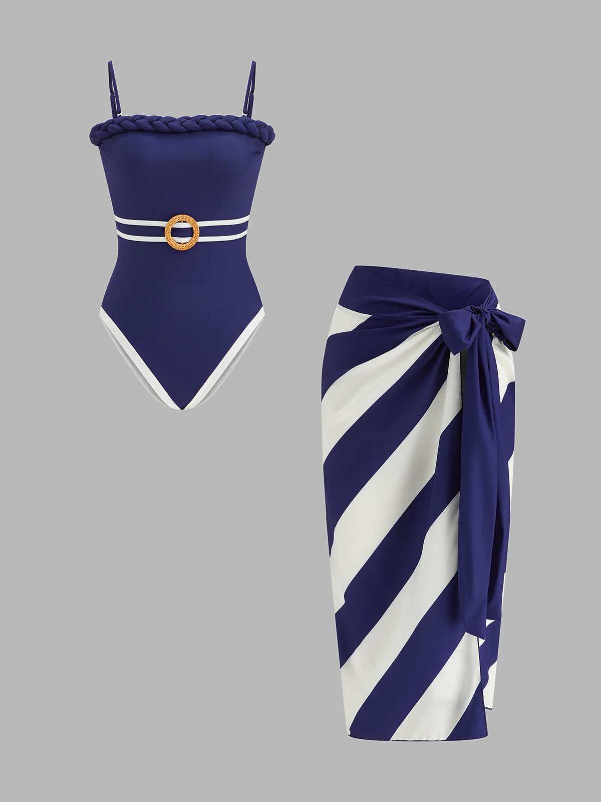 Braided Trim One Piece Swimsuit & Striped Sarong Set | Commense