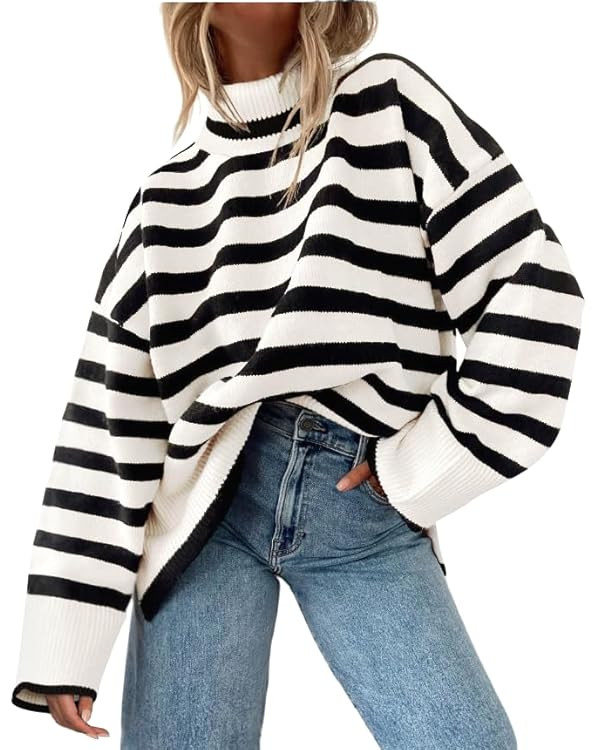 AGSEEM Fall Sweaters for Women Pullover Long Sleeve Turtleneck Striped Cable Knit Side Slit Tops ... | Amazon (US)