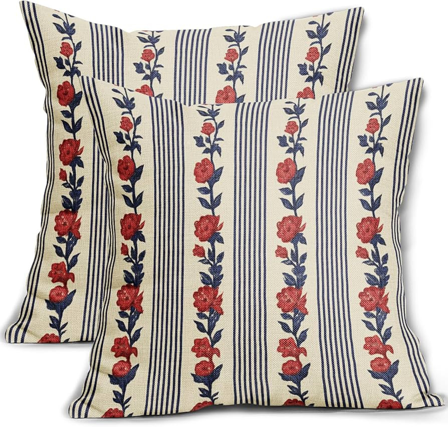 Amazon.com: 4th of July Floral Pillow Covers 20x20 Set of 2 Blue Red Vintage Patriotic Flower Striped Pattern Print Memorial Day Decorative Throw Pillow Cases Outdoor Rustic Farmhouse Decor for Sofa Couch Bed : Home & Kitchen | Amazon (US)