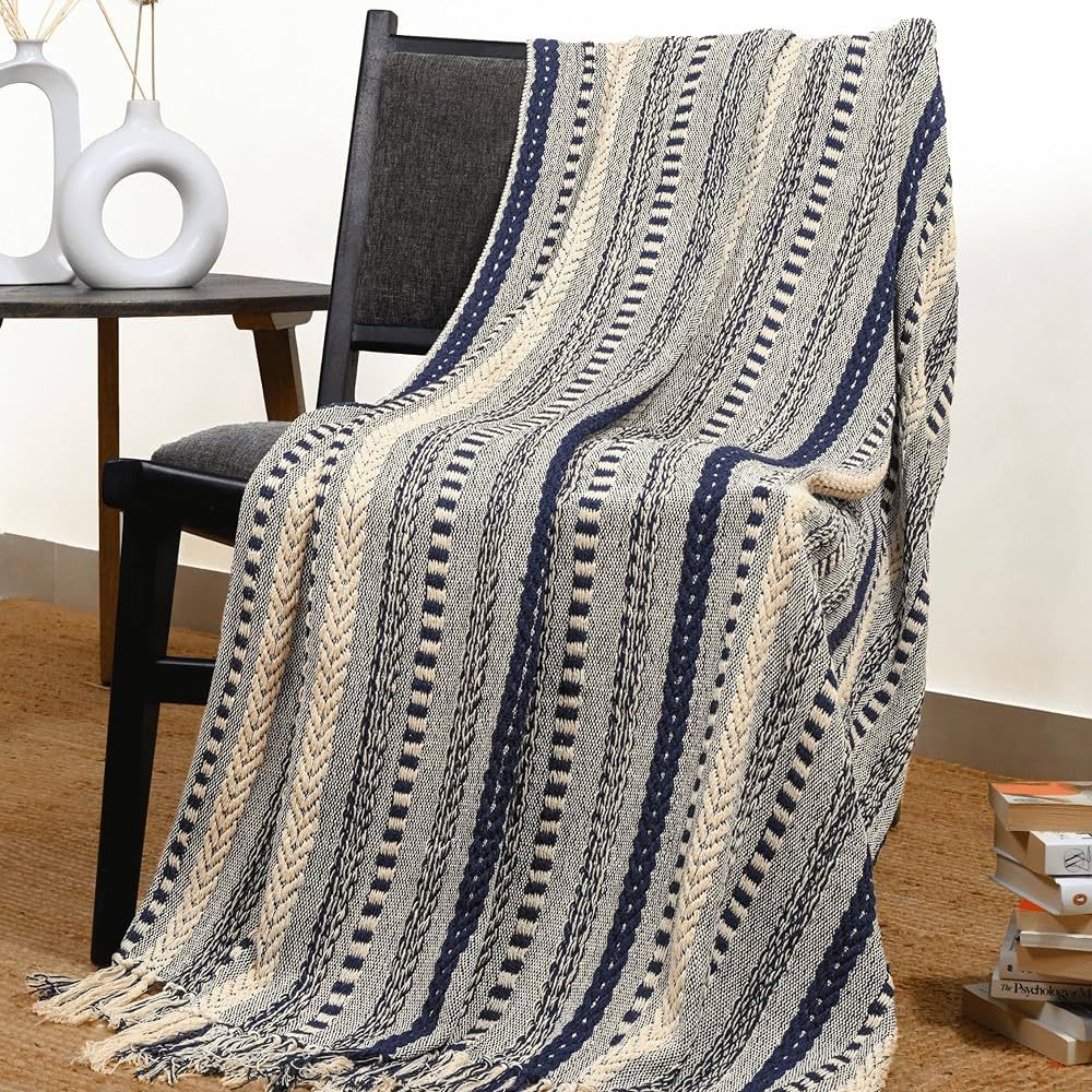RAJRANG Cotton Braided Striped Throw Blanket 50x60 Inches Soft Cozy Navy Blue Blanket with Decora... | Amazon (US)