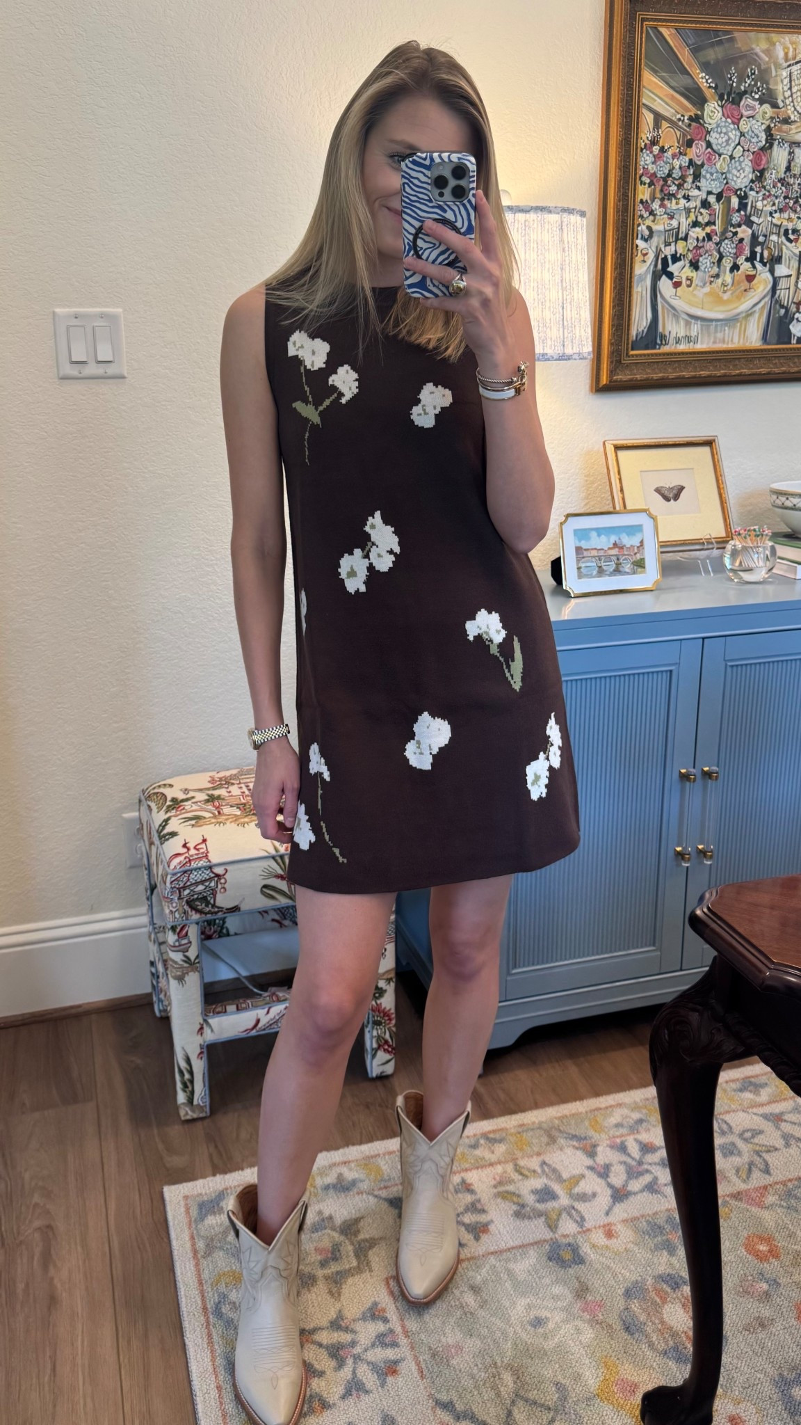 I think this is my favorite $30 find! Love this brown floral sweater dress. I am wearing a small! This can be worn so many different ways! #walmartpartner
