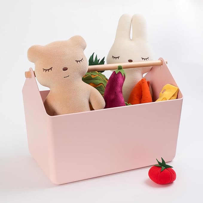 BLUE GINKGO Large Storage Basket – Plastic Caddy with Wooden Handle for Bathroom, Pantry, or Cl... | Amazon (US)